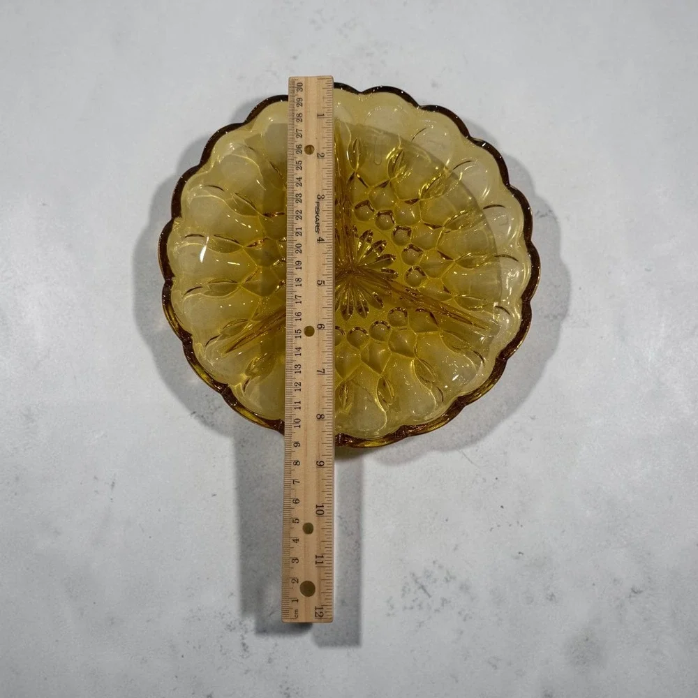 Vintage Amber Glass 3 Section Divided Serving Dish Scalloped Bubble Pattern 8.5